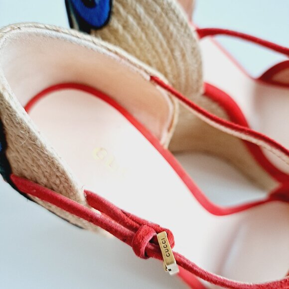 Gucci Red Suede Floral Embroidered Wedge Platform Ankle Strap Size 36.5 - Picture 8 of 16